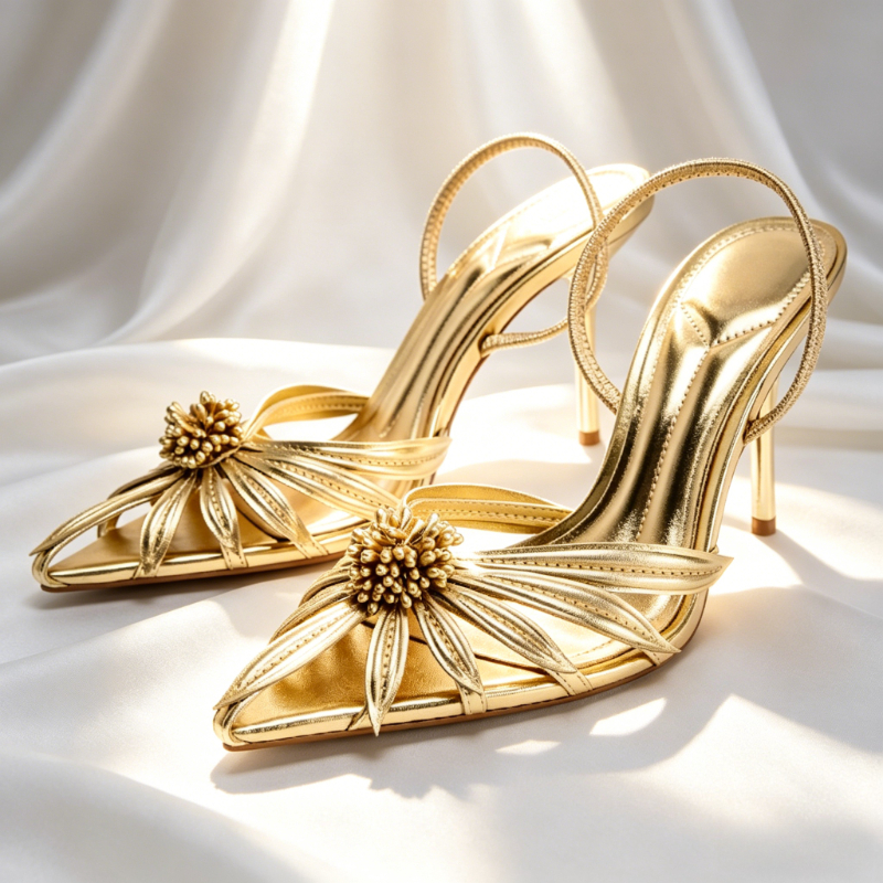 Women'S Formal Wear To A Wedding - Luxury Gold Floral Detail Slingback Heels