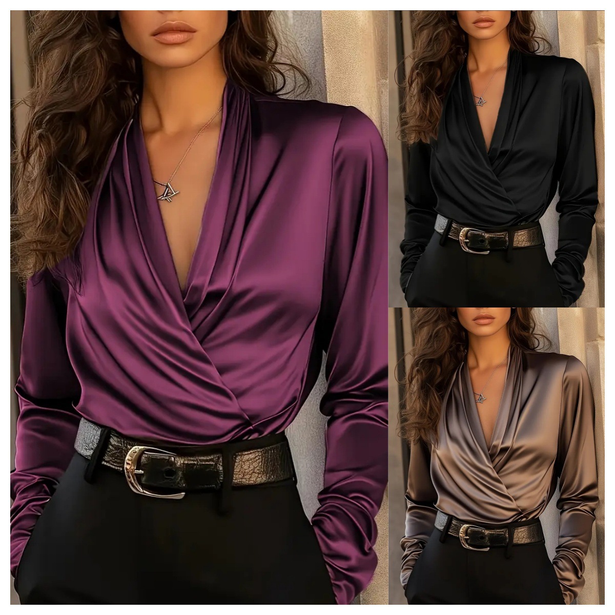 Women's Satin Wrap V Neck Long - Women'S Formal Wear Blouse reseña y precio