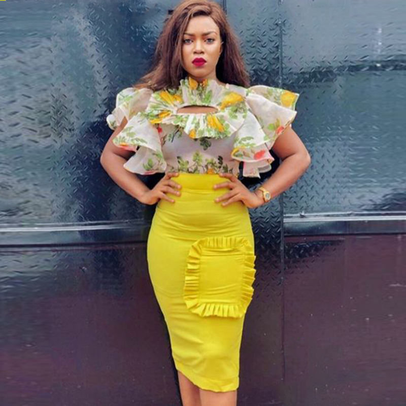 Yellow Pencil Skirt Ruffles Po - Yellow Formal Wear Women reseña y precio