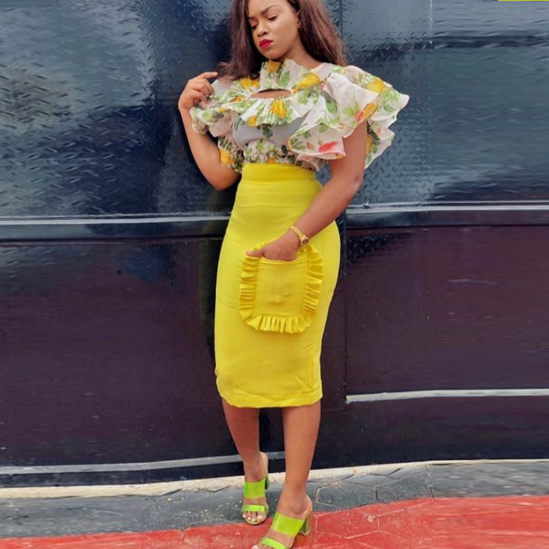 Yellow Pencil Skirt Ruffles Po - Yellow Formal Wear Women reseña y precio
