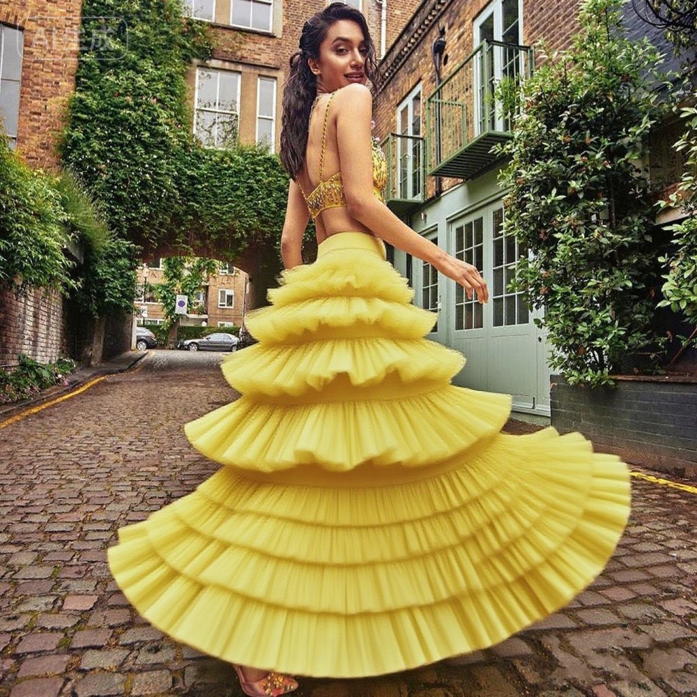 Yellow Puffy Tulle Skirts Saia - Yellow Formal Wear Women reseña y precio