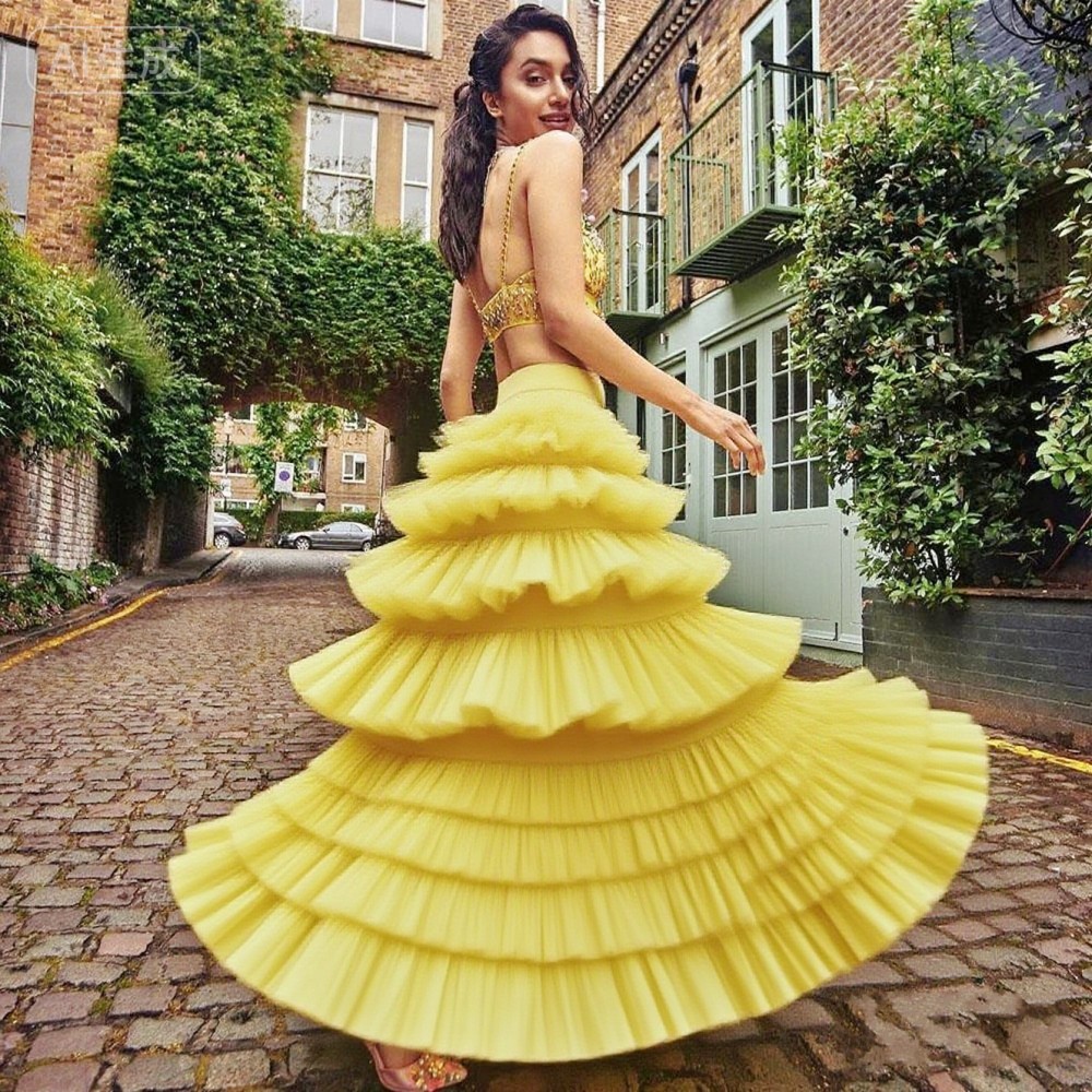 Yellow Puffy Tulle Skirts Saia - Yellow Formal Wear Women reseña y precio