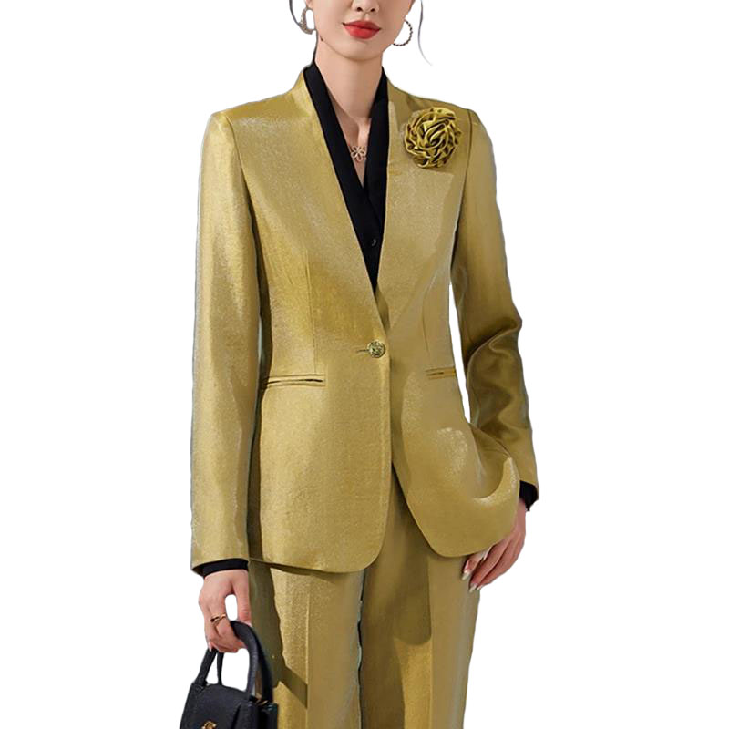 Women Blazer Pants Sets Gold A - Women Formal Office Wear Tops reseña y precio