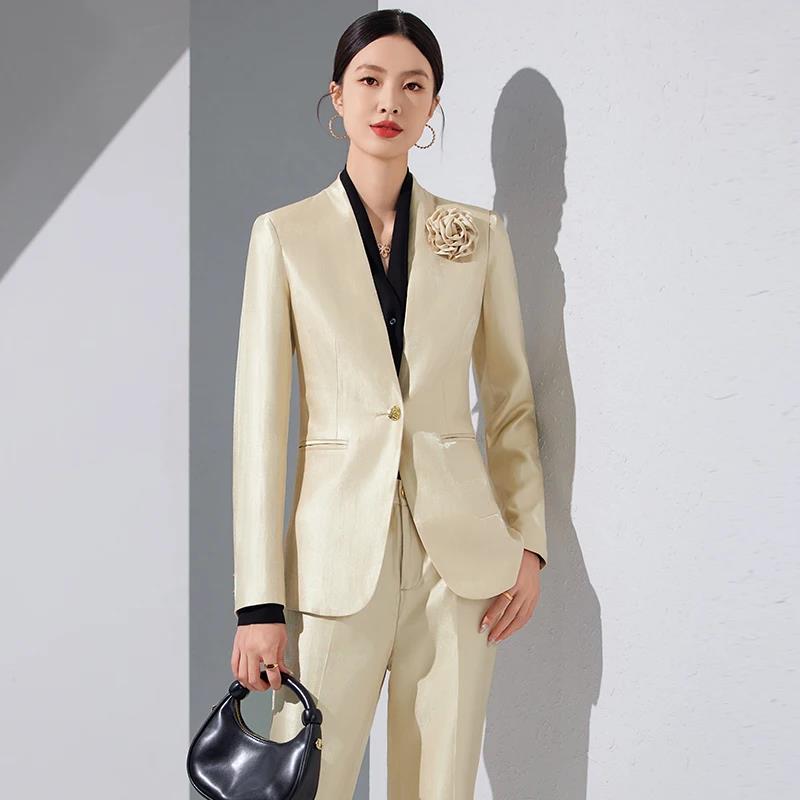 Women Blazer Pants Sets Gold A - Women Formal Office Wear Tops reseña y precio