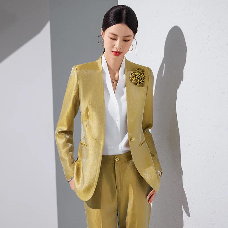 Women Blazer Pants Sets Gold A - Women Formal Office Wear Tops reseña y precio