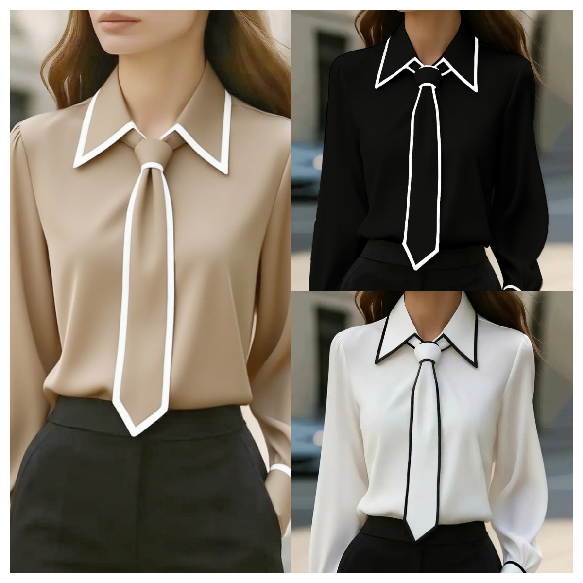 Women's Contrast Trim Tie Neck - Women'S Formal Wear Blouse reseña y precio