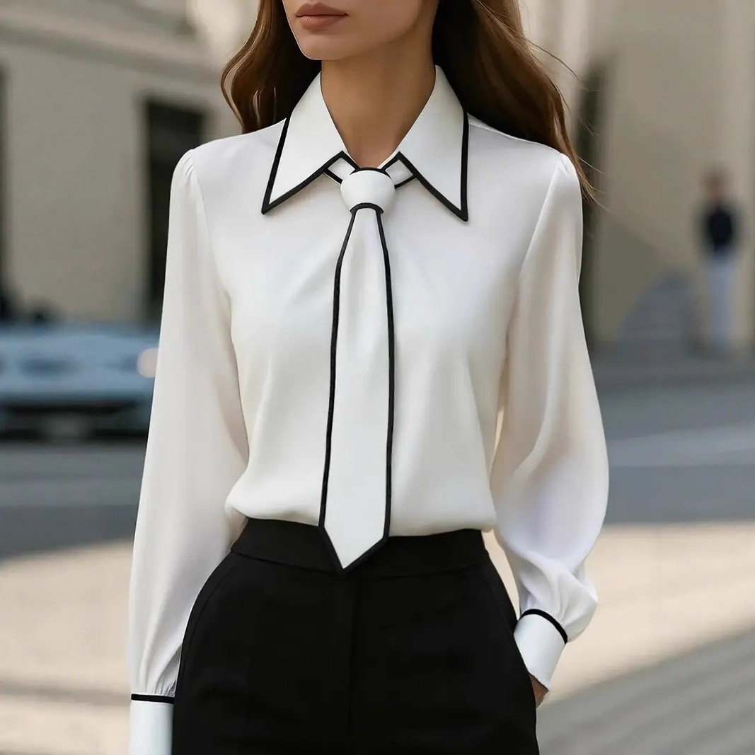Women's Contrast Trim Tie Neck - Women'S Formal Wear Blouse reseña y precio