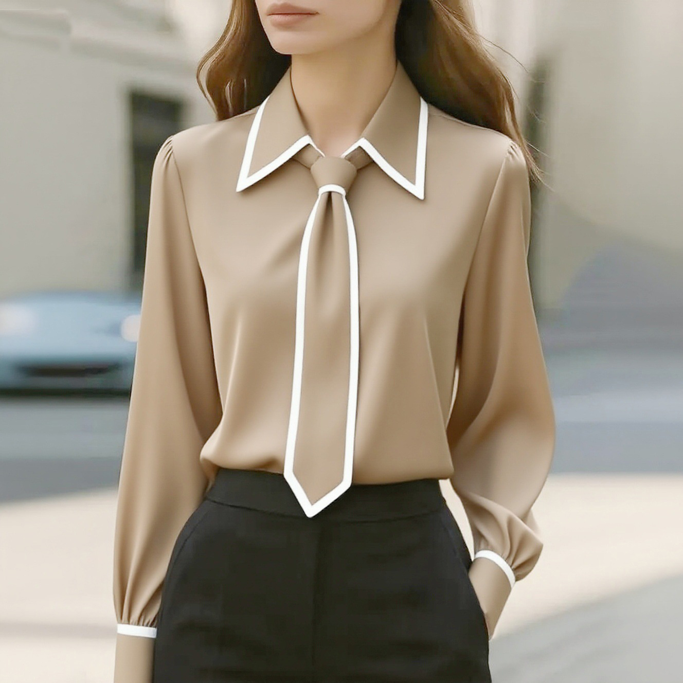 Women's Contrast Trim Tie Neck - Women'S Formal Wear Blouse reseña y precio